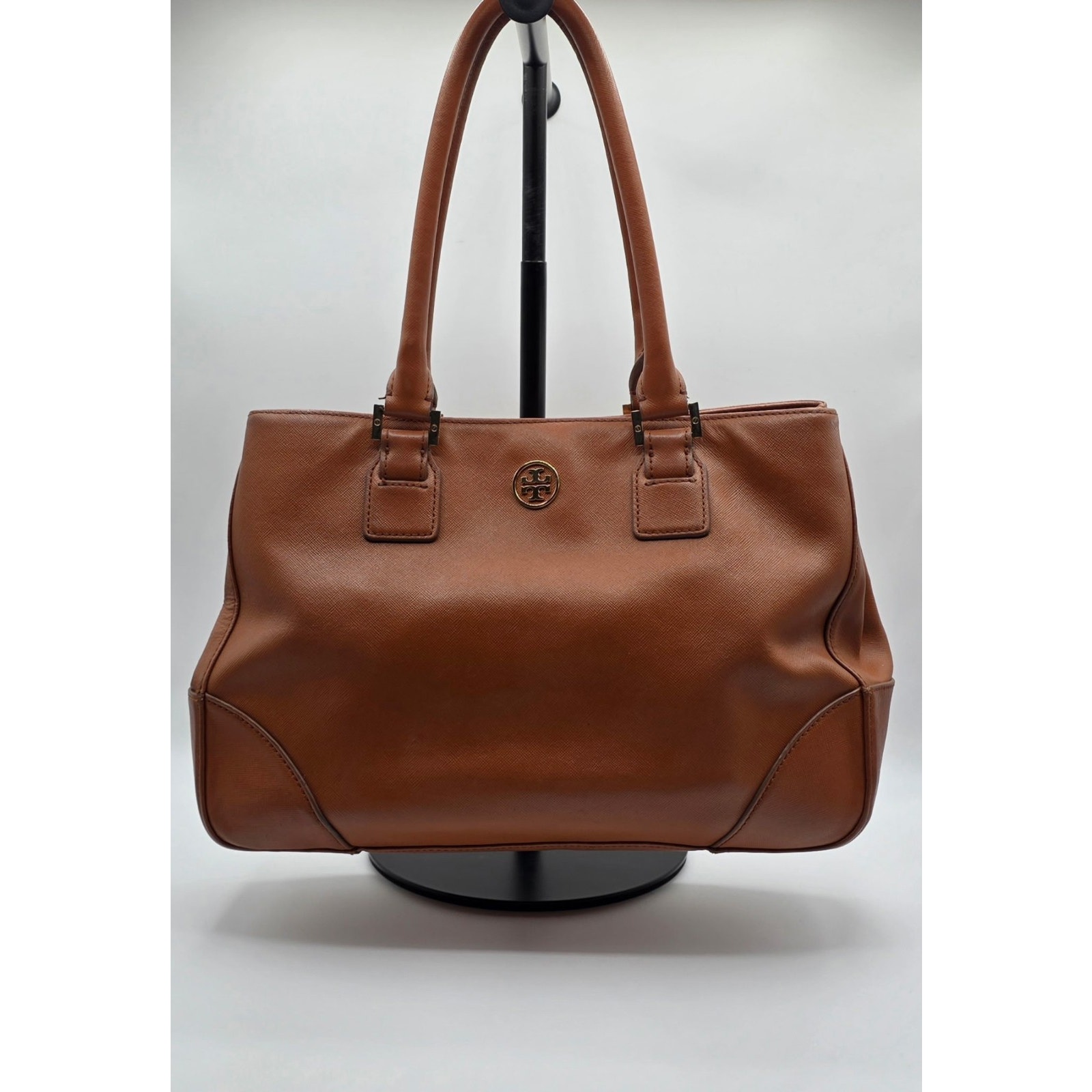Tory Burch Robinson Saffiano Leather Tote Bag Cognac Brown Double Zip Satchel